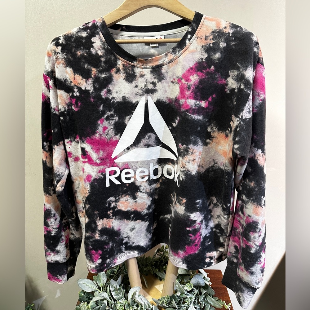 Reebok Cropped Tie Dye Crewneck Sweatshirt Women’s Medium Pink Black White